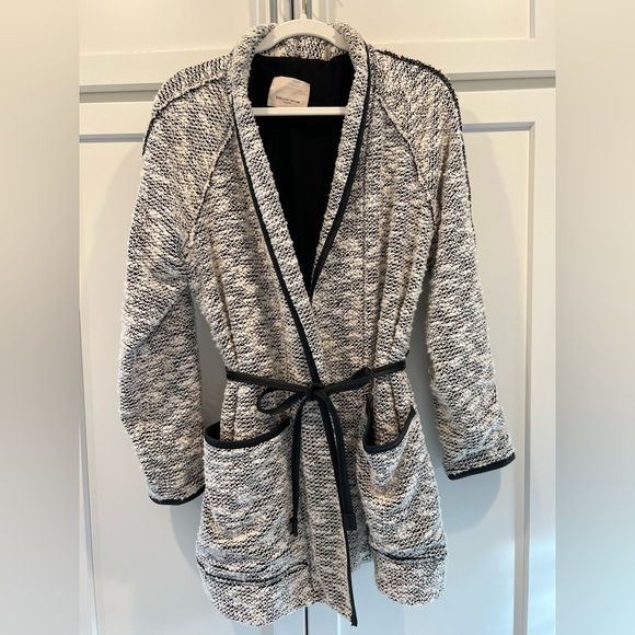 Rebecca Taylor Longline Tweed Sweater Jacket with Faux Leather Trim. Size 12. - Picture 13 of 13